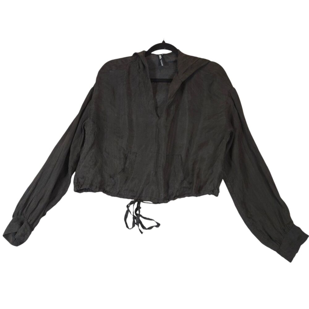 Zara Fillsens Womens Small Top Pullover Hood Black Cropped Waist Tie Lightweight